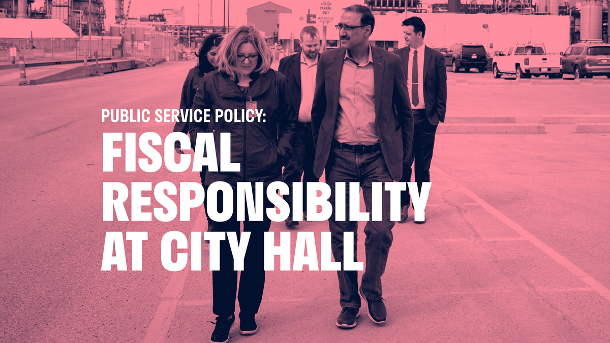 An imagine of Amarjeet walking down the sidewalk with a group of people. The text overlay says: "Public Service Policy: Fiscal Responsibility at City Hall"
